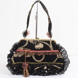 Vintage Three Flower Lace Tapestry Ribbon Metal Frame Brass Handbag Purse
